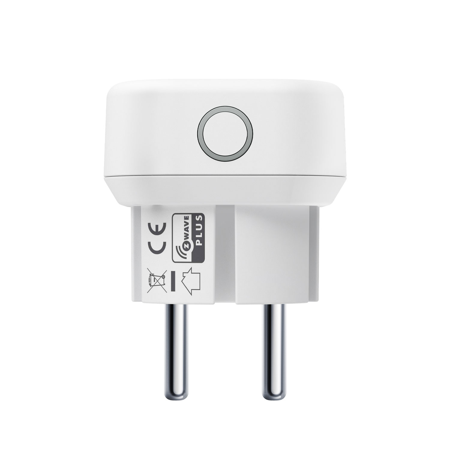 Ein weißer Smart-Plug mit zwei Metallstiften und CE-Zeichen.