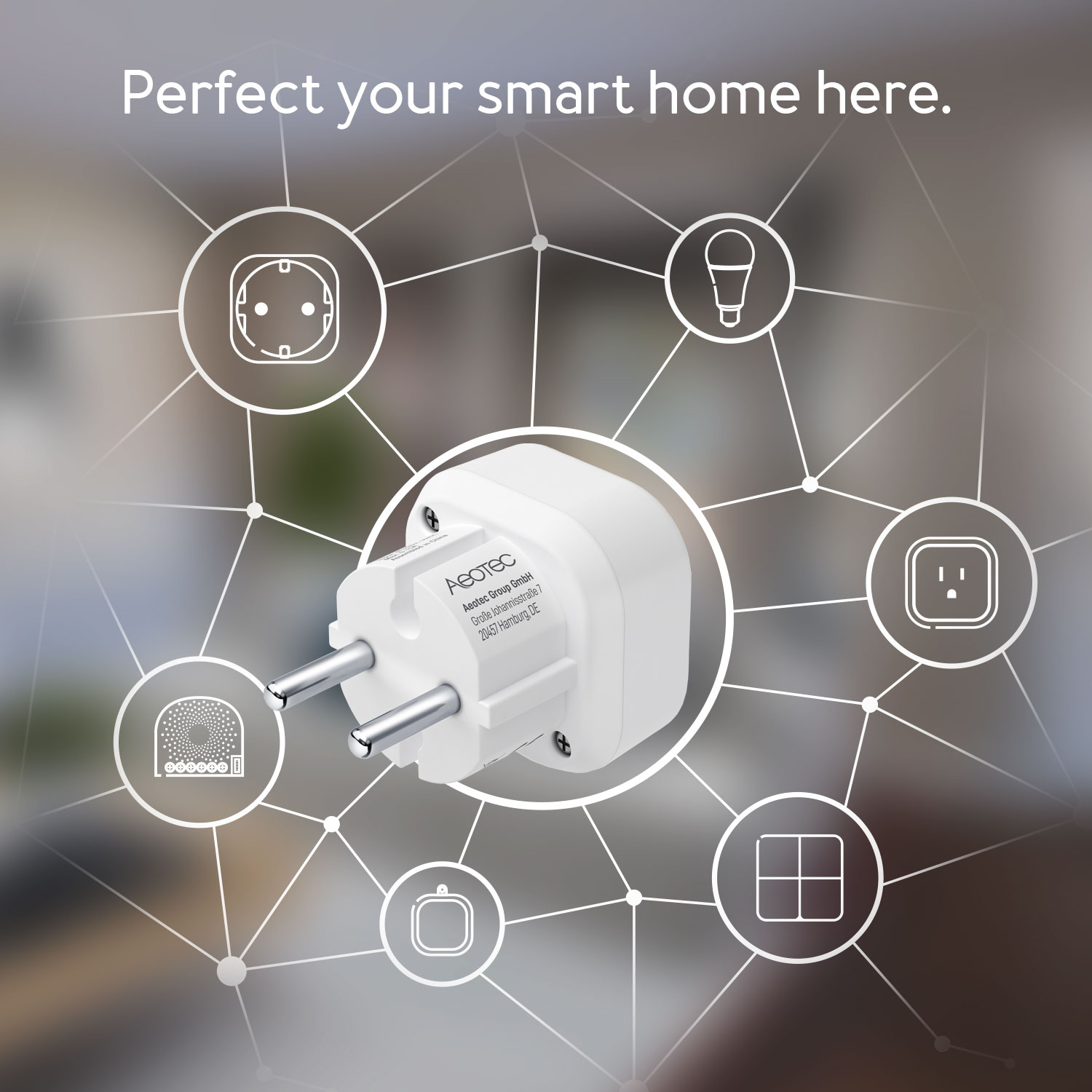 Ein weißer Stecker im Zentrum, umgeben von Icons für Smart-Home-Geräte auf verschwommenem Hintergrund.