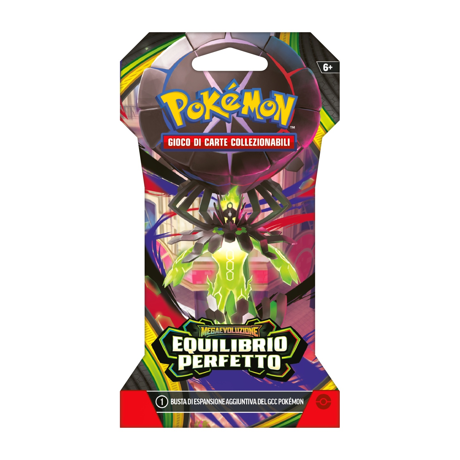 Busta di espansione GCC Pokemon con un mostro verde simile a un ragno al centro.