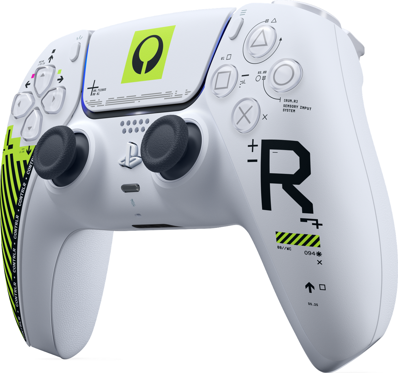 Eine weiße PlayStation 5-Controller mit schwarzen Akzenten und grünen Symbolen.