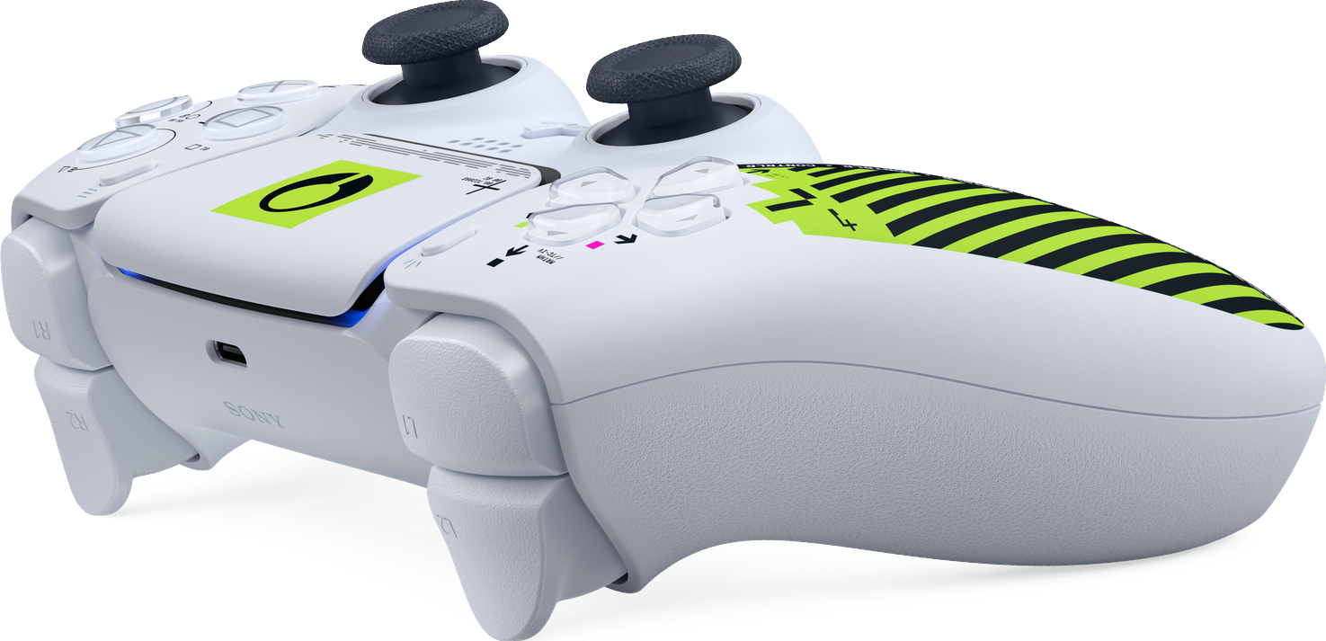 Ein weißer Sony-Controller mit neonfarbenen Akzenten und schwarzen Streifen.