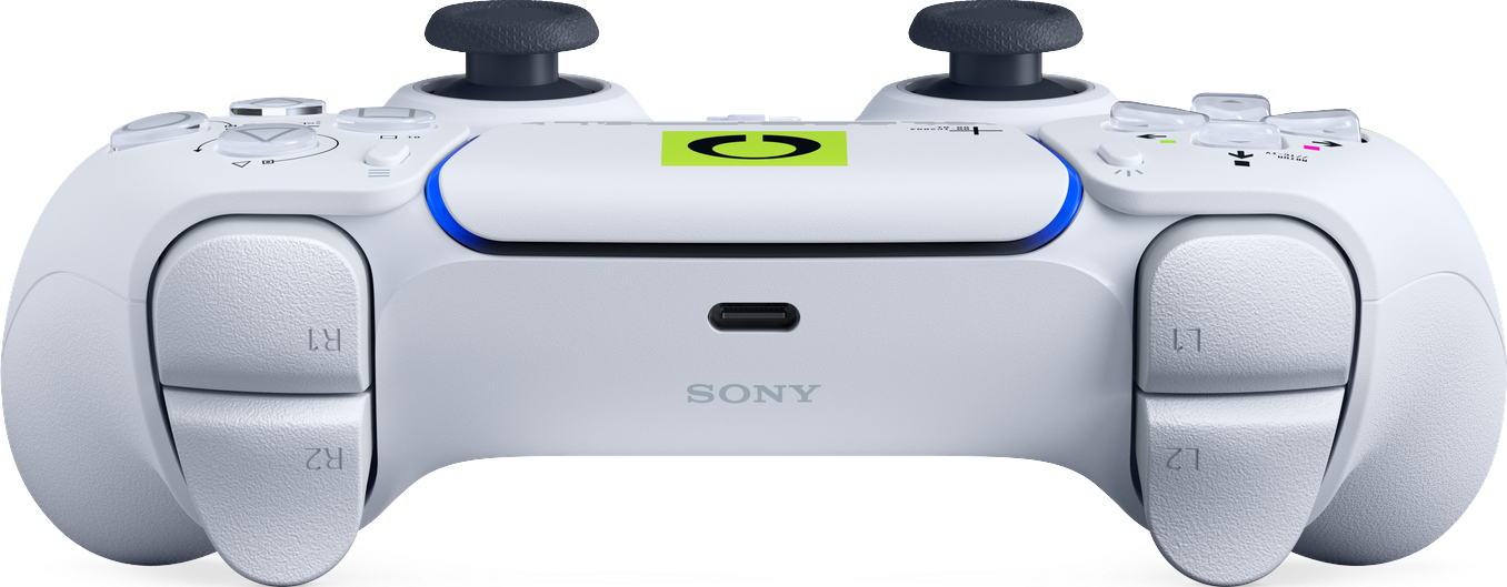 Ein weißer Sony PlayStation Controller mit schwarzen Joysticks und einem grünen Logo.