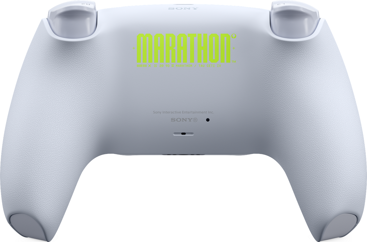 Weiße PlayStation 5-Controller-Rückseite mit dem grünen „MARATHON“-Logo.