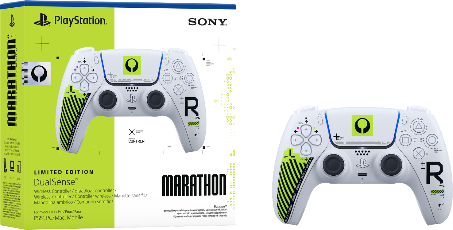Ein weißer PlayStation DualSense Controller mit schwarzer und grüner „Marathon“-Grafik.