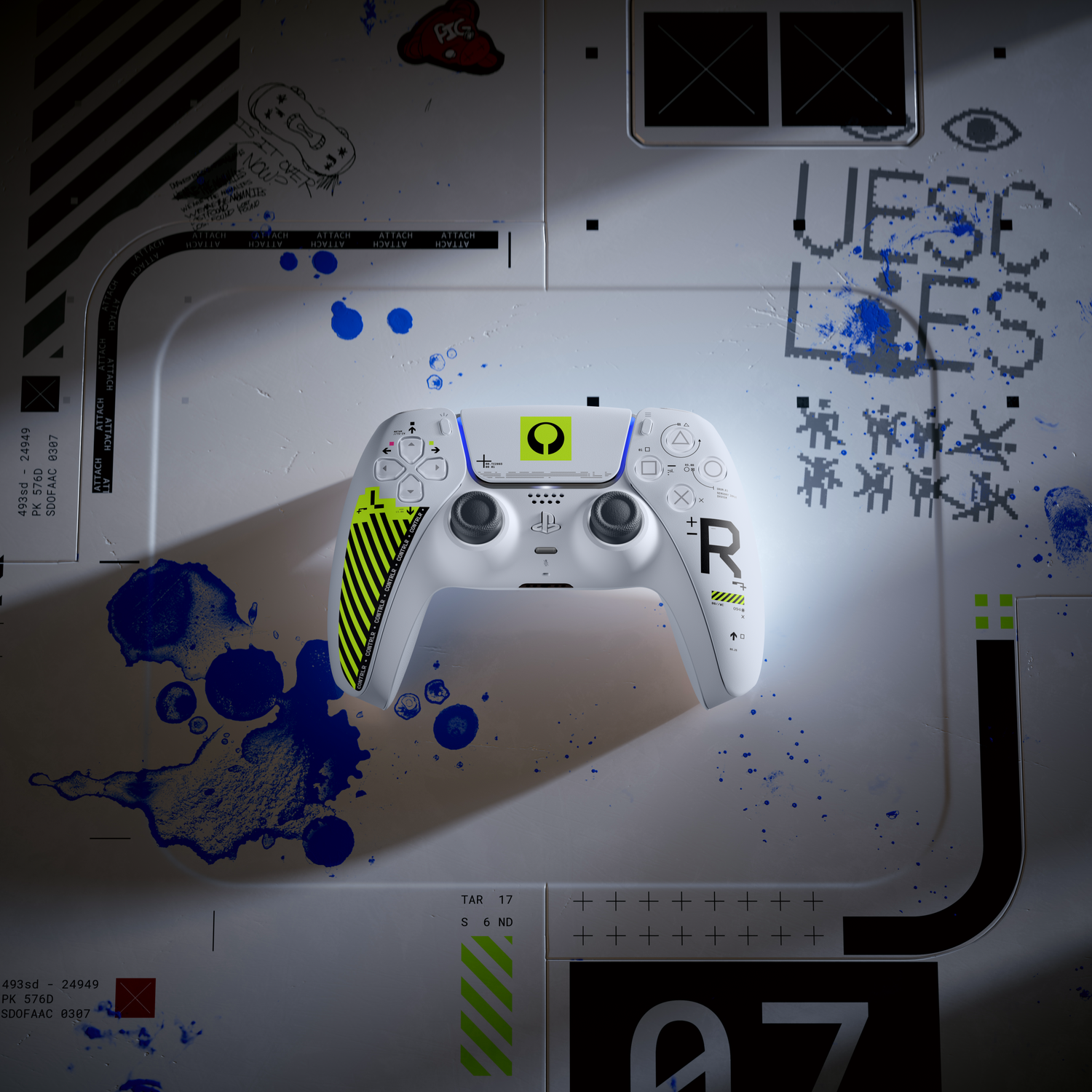 Ein weißer Controller mit gelben Streifen auf einer grauen Wand mit blauer Farbe.