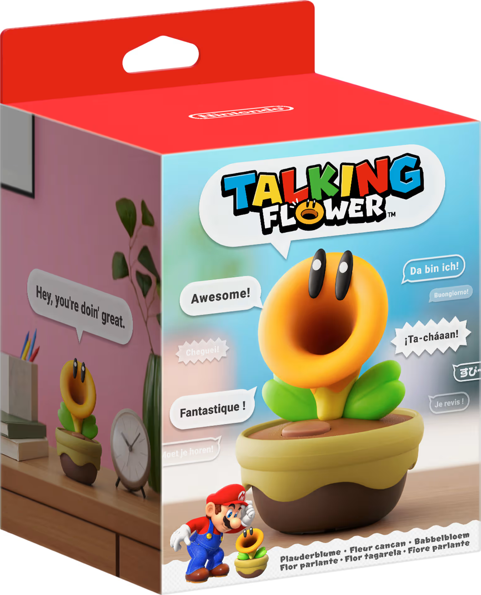 Mario-Produktverpackung zeigt eine sprechende Blume, Mario und Text in mehreren Sprachen.