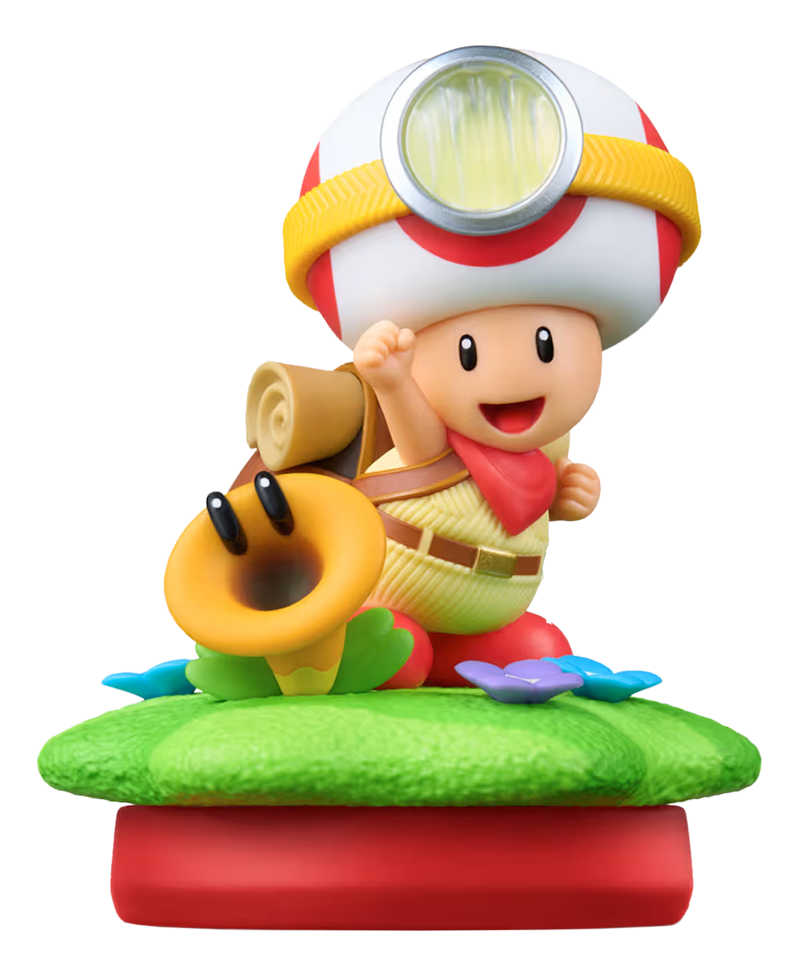 Toad avec sac à dos et lampe sur une plateforme verte avec une fleur.