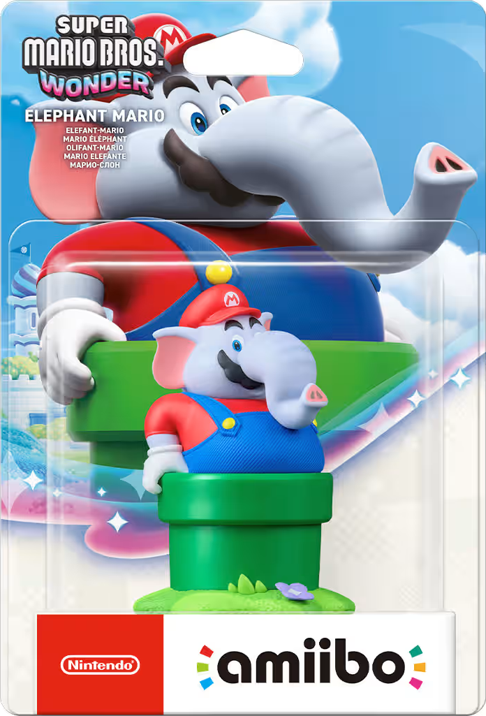 Super Mario Bros. Wonder Elefant Mario Amiibo Figur in Verpackung.