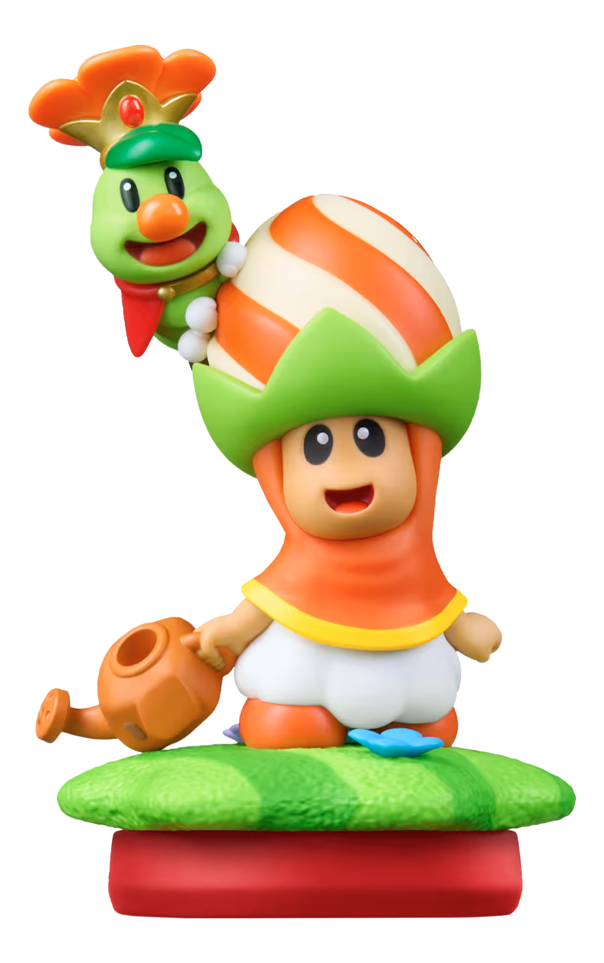 Une chenille verte avec une couronne est assise sur un personnage champignon tenant un arrosoir.