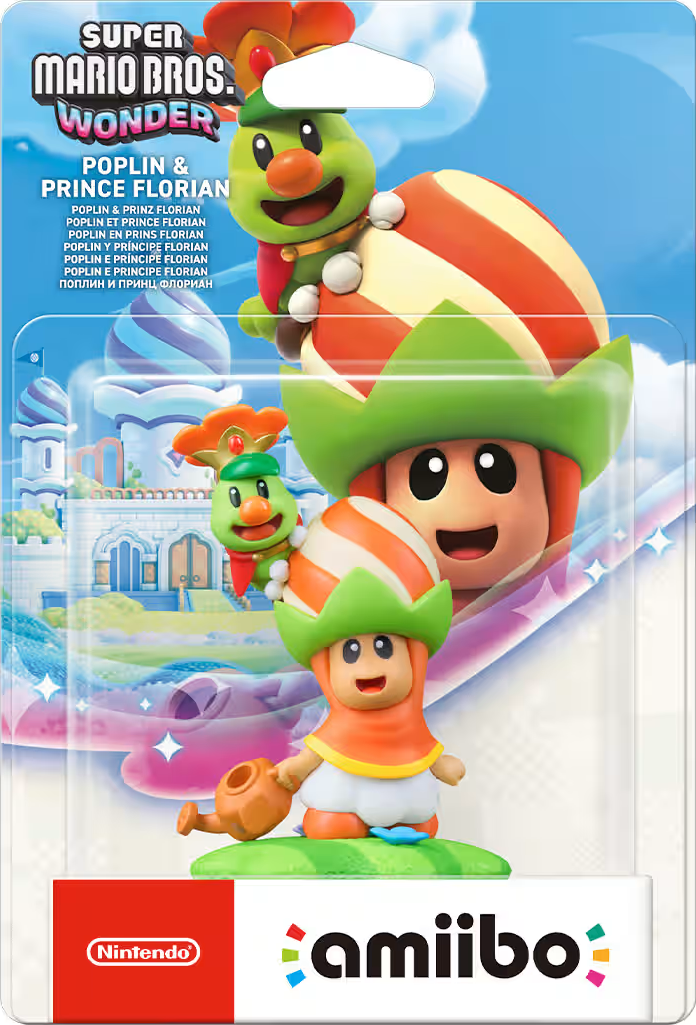 Super Mario Wonder Amiibo : Figurines Poplin & Prince Florian avec château.