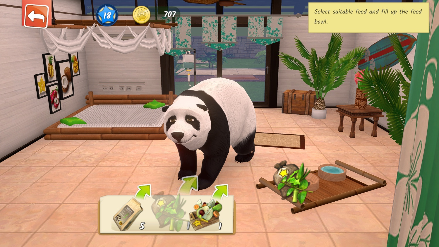 Ein Panda steht in einem Raum mit einem Bett, Pflanzen und einem Surfbrett.