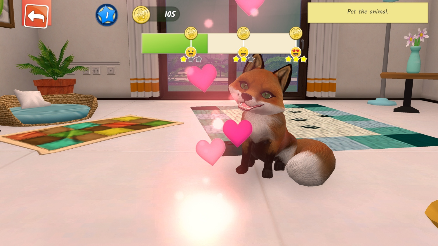 Ein Fuchs sitzt auf einem Teppich, umgeben von Herzen. Ein Spielbildschirm.