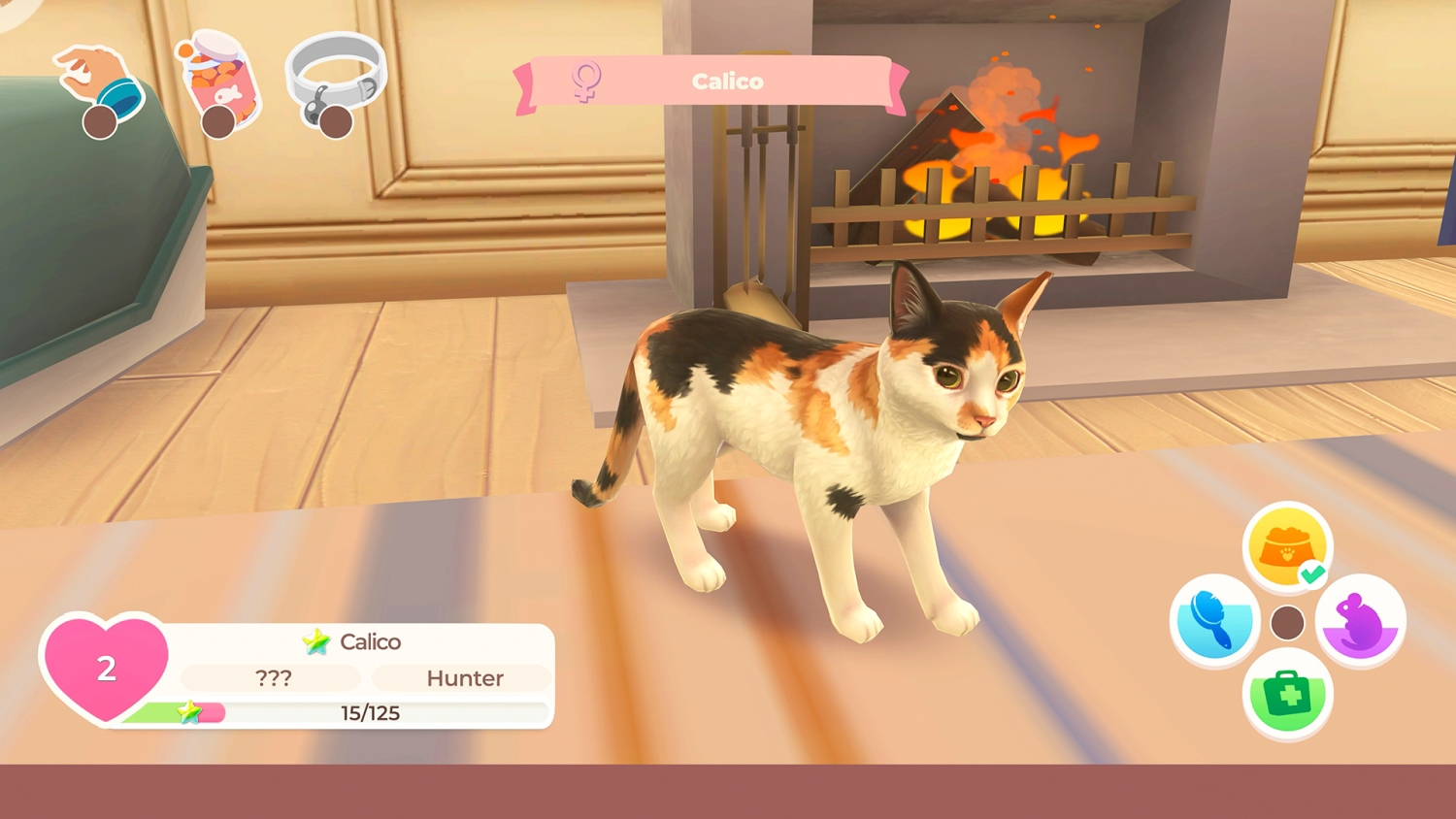Un gatto calico si trova davanti a un camino con fuoco. L'interfaccia di gioco è visibile.