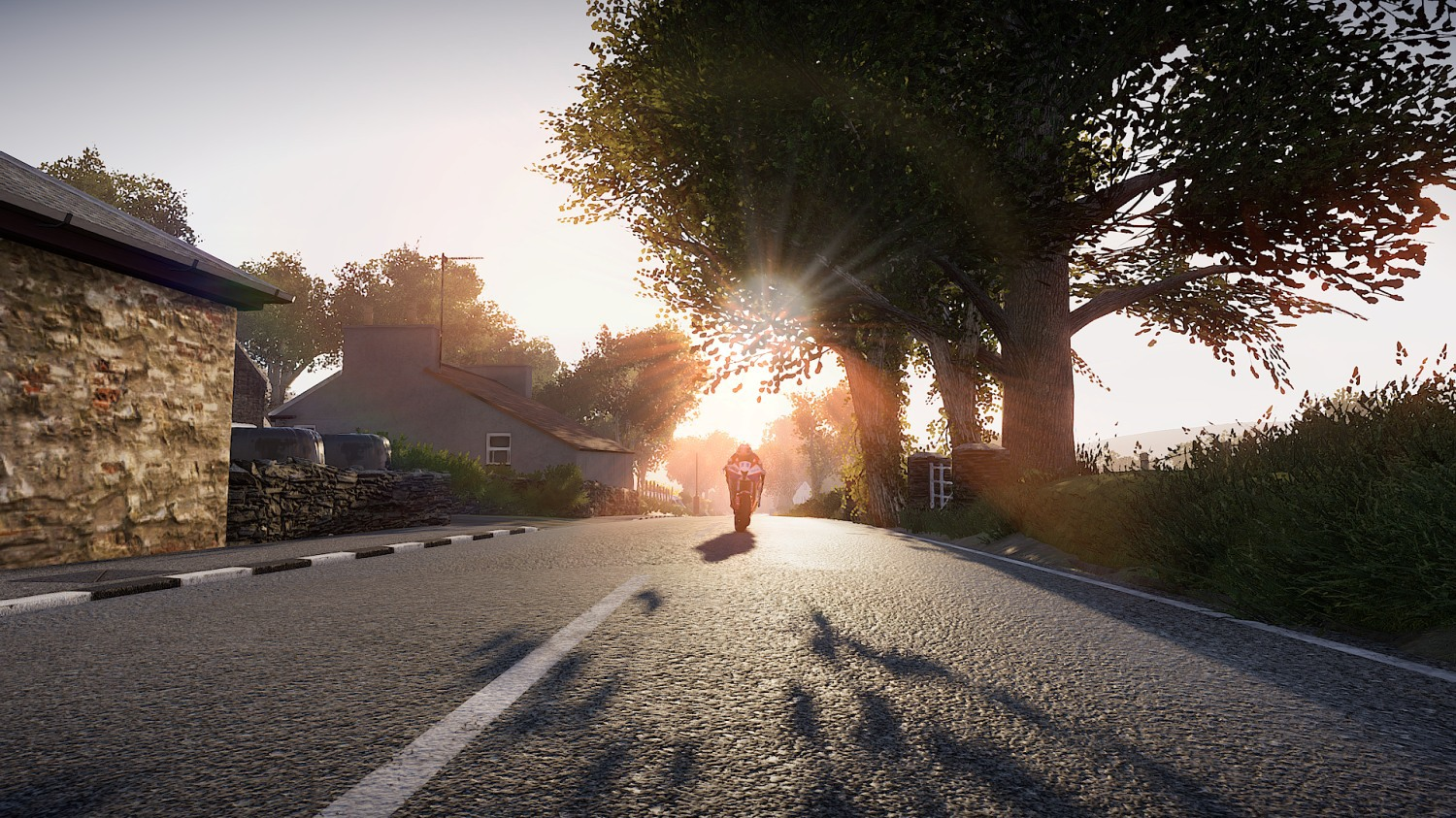 Motorradfahrer auf einer Straße im Sonnenuntergang, umgeben von Bäumen und Häusern.
