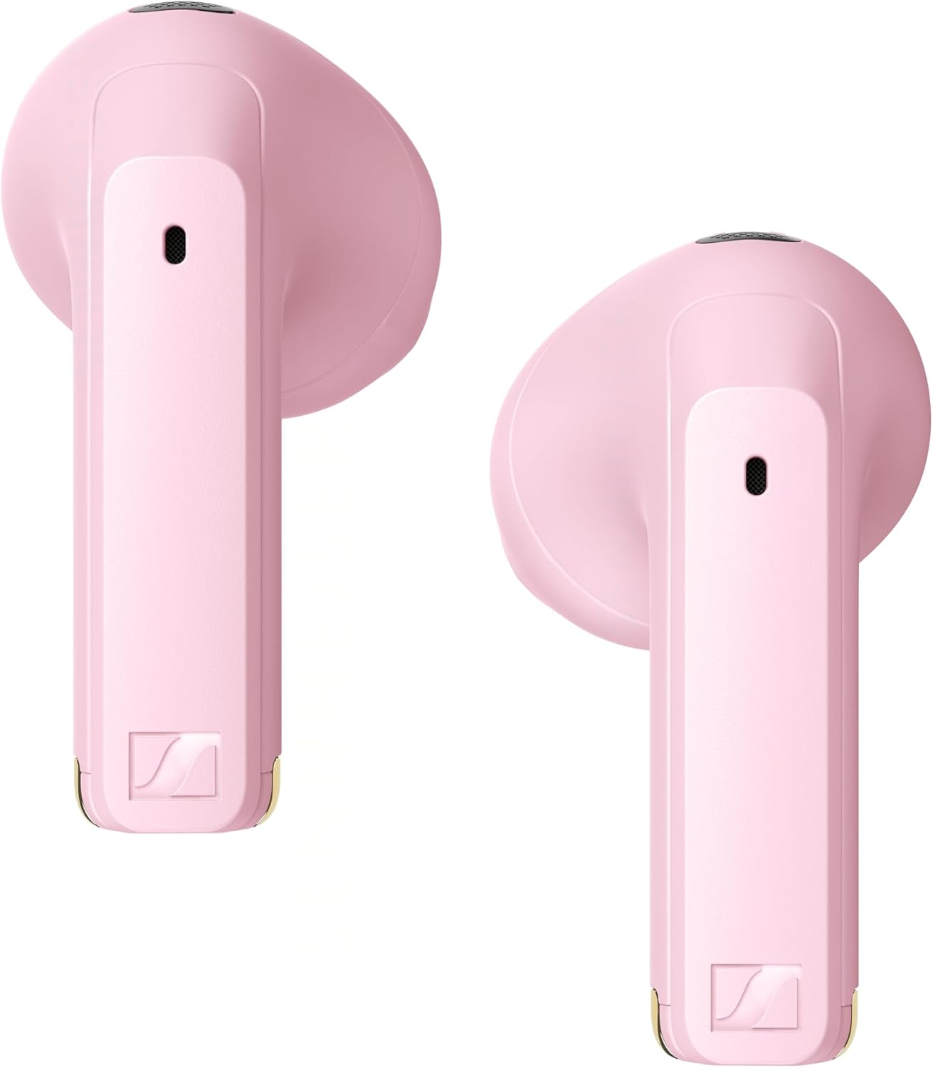 Deux écouteurs sans fil roses avec logo Sennheiser sur fond blanc.