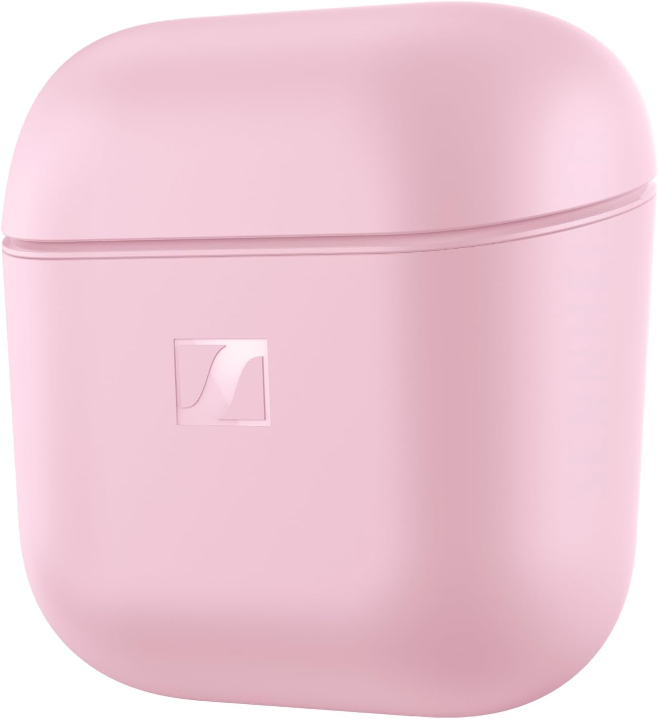 Un étui de chargement rose mat fermé pour écouteurs sans fil, avec un logo.