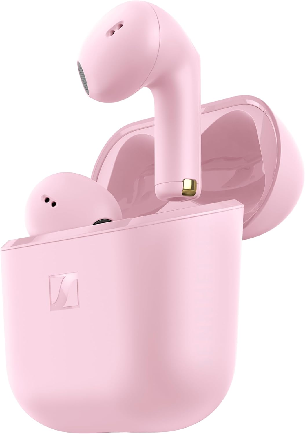 Un écouteur rose avec son étui de chargement, un écouteur inséré.