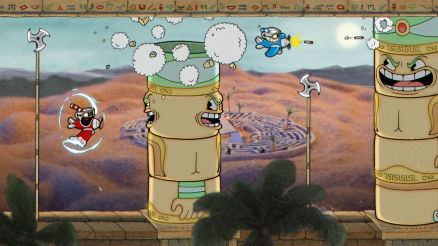 Cuphead vola in aereo su un paesaggio desertico con testa di totem e labirinto.