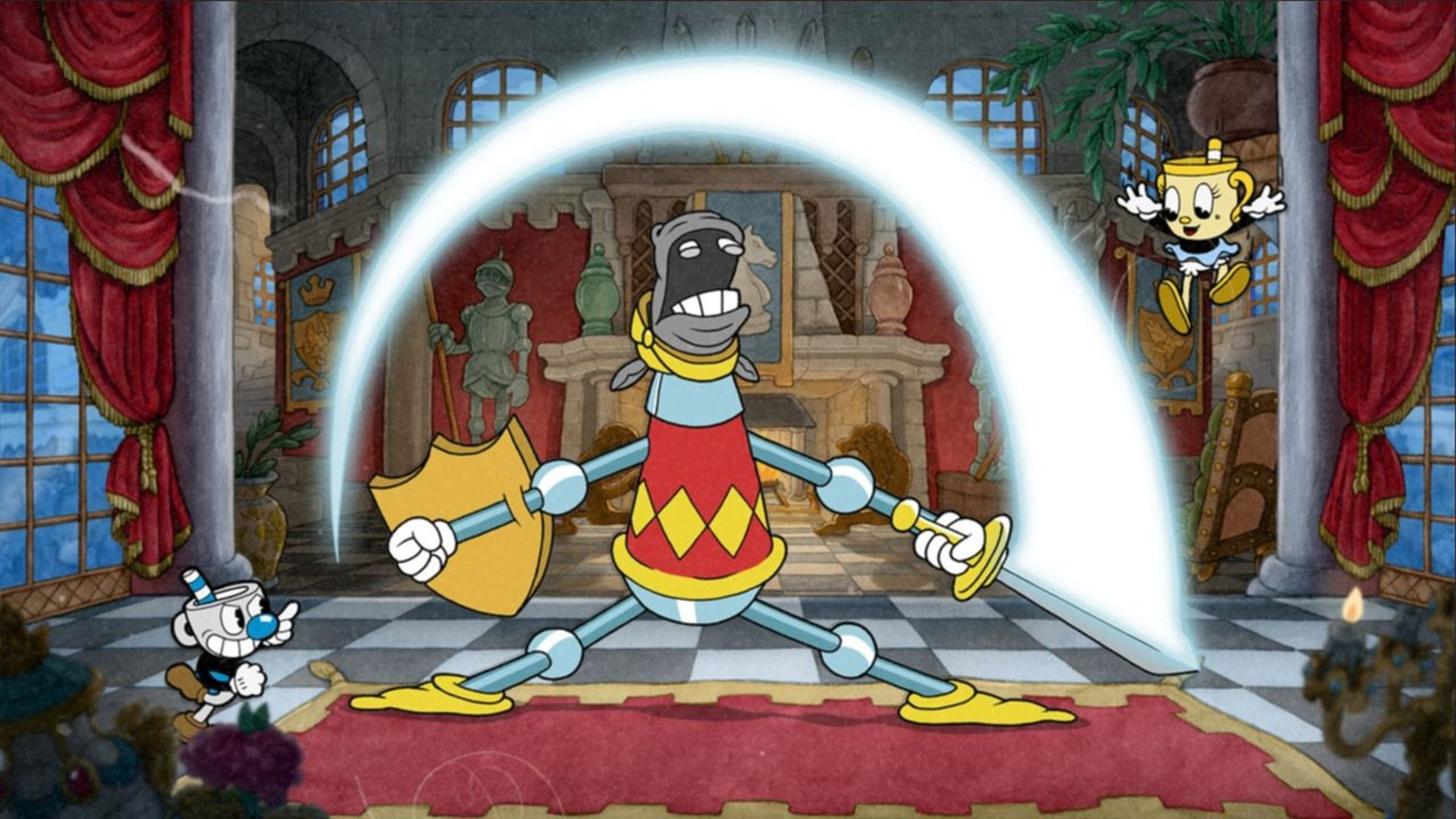 Un cavaliere con spada e scudo combatte Cuphead e Ms. Chalice in un salone del castello.