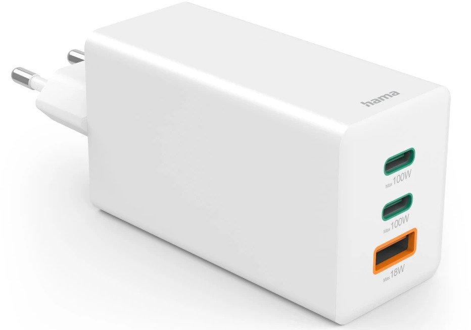 Biała ładowarka Hama z trzema portami: dwa zielone USB-C 100W i jeden pomarańczowy USB-A 18W.