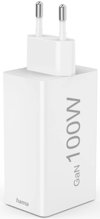 Biała wtyczka ładowarki Hama 100W GaN z dwoma srebrnymi bolcami.