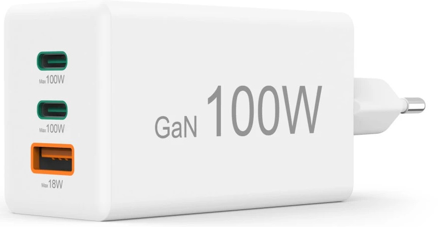 Biała ładowarka GaN 100W z dwoma portami USB-C i jednym USB-A.