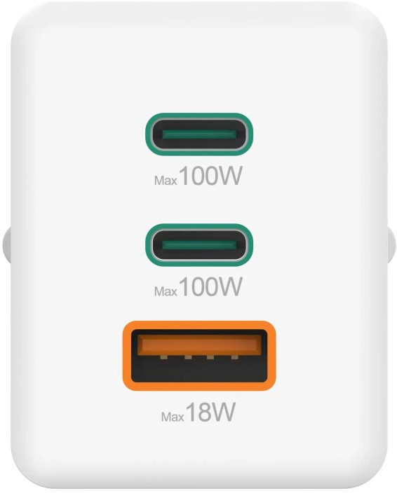 Biała ładowarka z dwoma portami USB-C (100W) i jednym portem USB-A (18W).
