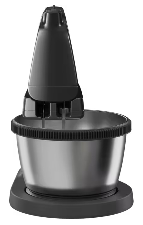 Czarny mikser ręczny z misą ze stali nierdzewnej na szarej podstawie.