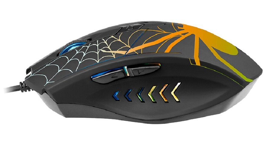 Czarna mysz z motywem pajęczyny i pająka, podświetlane kółko.