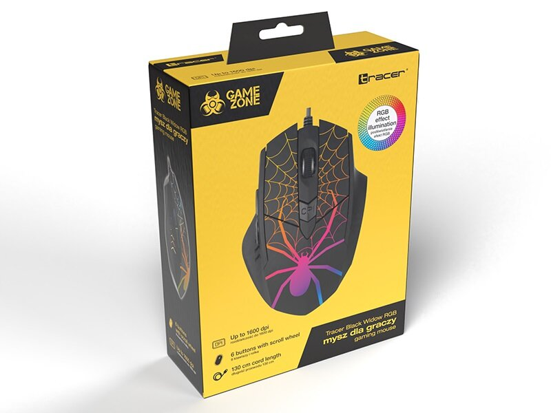 Opakowanie czarnej myszy gamingowej z motywem pajęczyny i pająka, oświetlenie RGB.