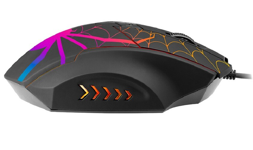Czarna mysz gamingowa z motywem pajęczyny i tęczowymi diodami.