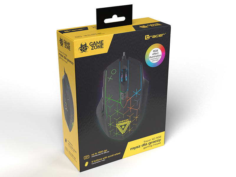 Opakowanie myszy gamingowej Tracer XO RGB z podświetleniem RGB.