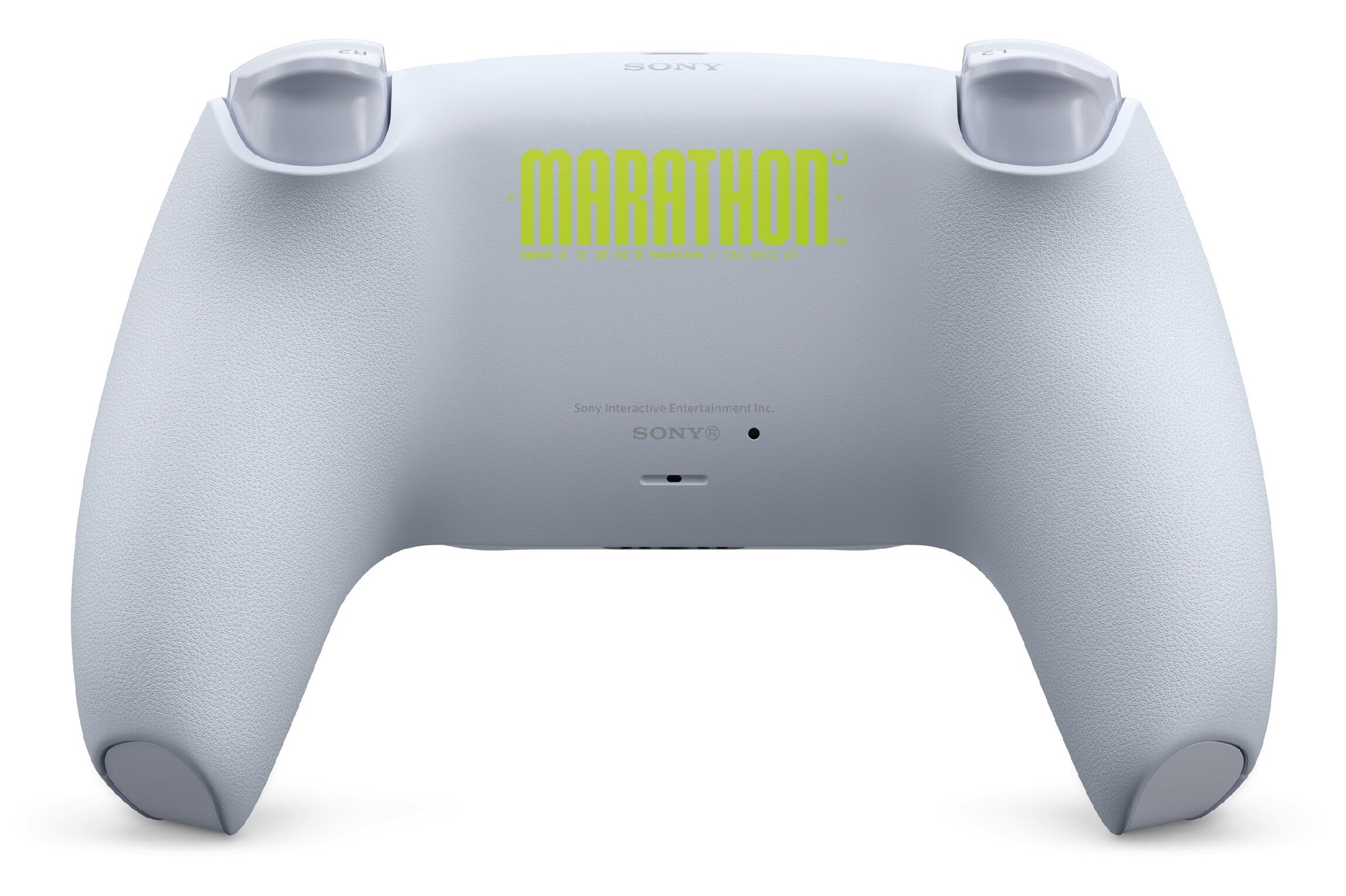 Biały kontroler z zielonym logo "MARATHON" z tyłu.