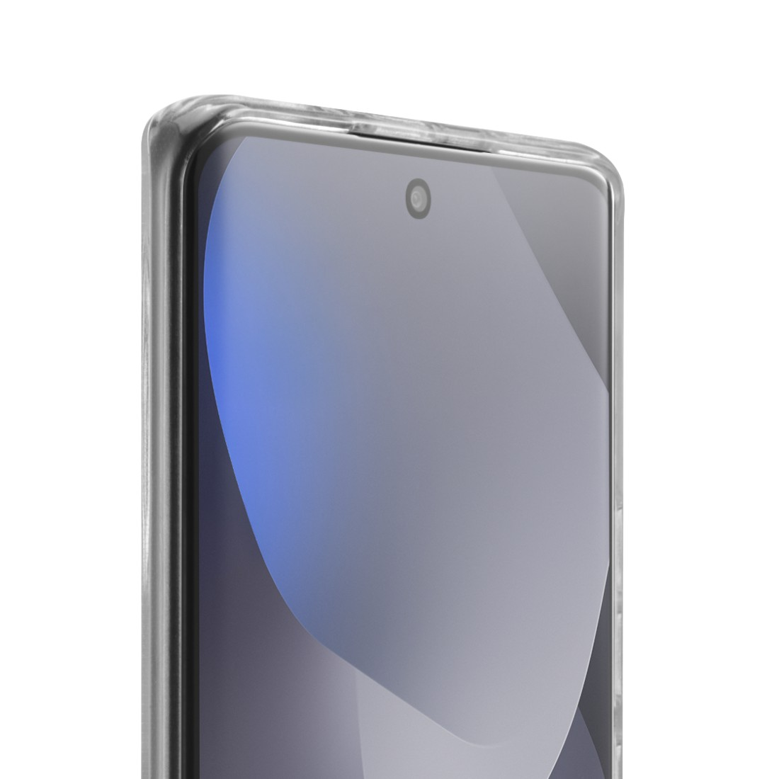 Nahaufnahme einer transparenten Handyhülle mit einem Smartphone-Bildschirm.