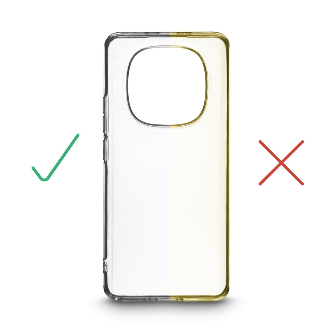 Transparente Handyhülle mit Kameraausschnitt, daneben ein grüner Haken und ein rotes Kreuz.