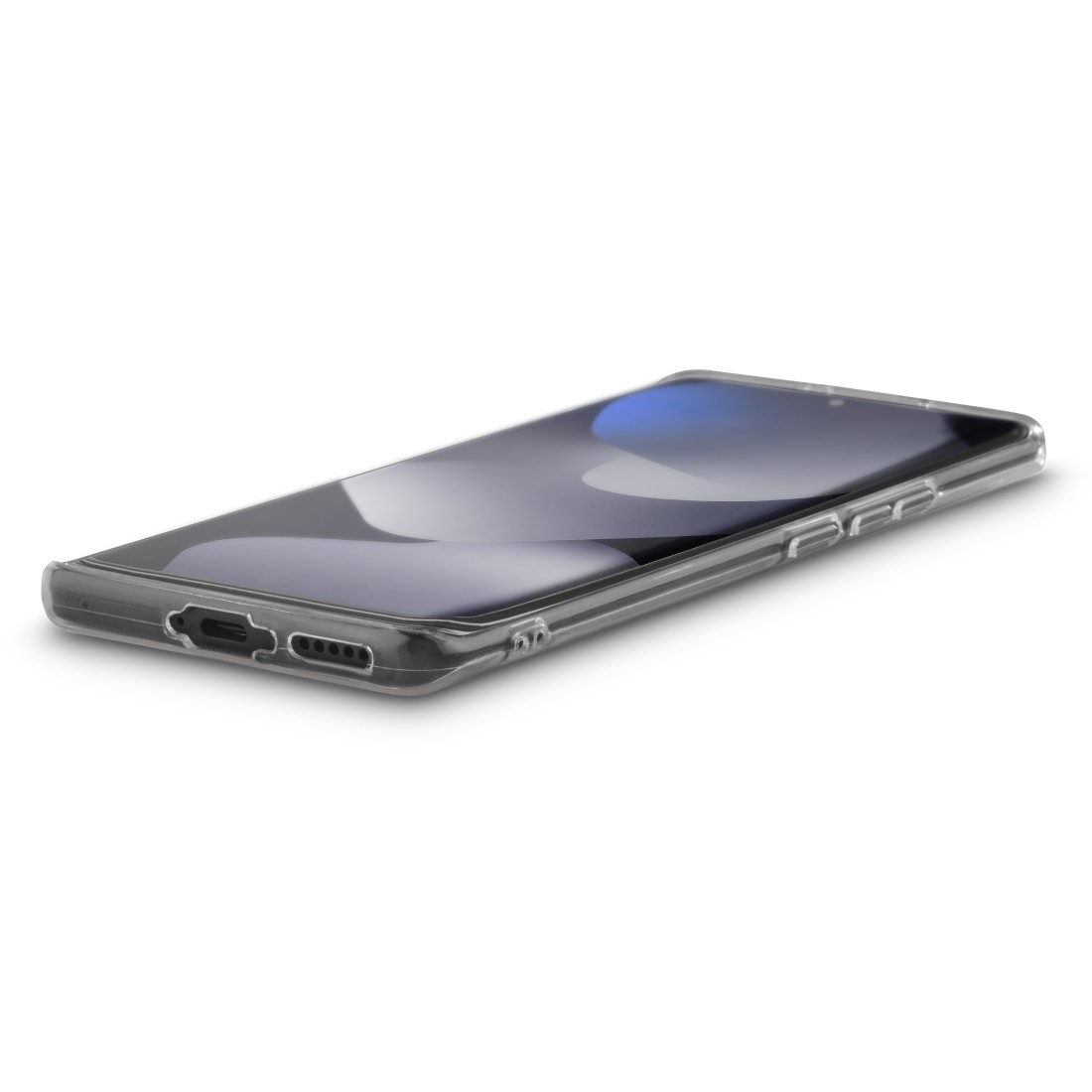 Ein transparentes Handyhülle mit einem Smartphone darauf.