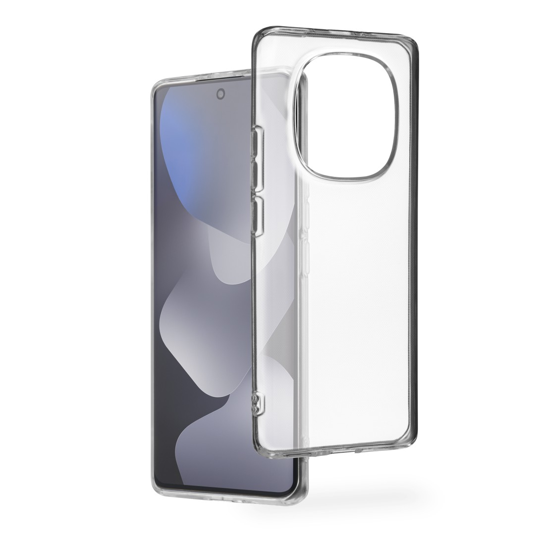 Ein transparenter Handyhülle liegt neben einem Smartphone.
