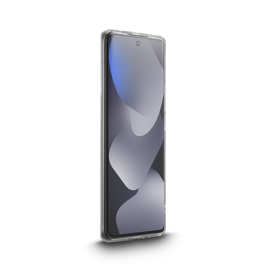 Ein Smartphone mit transparentem Gehäuse und abstraktem Hintergrund.