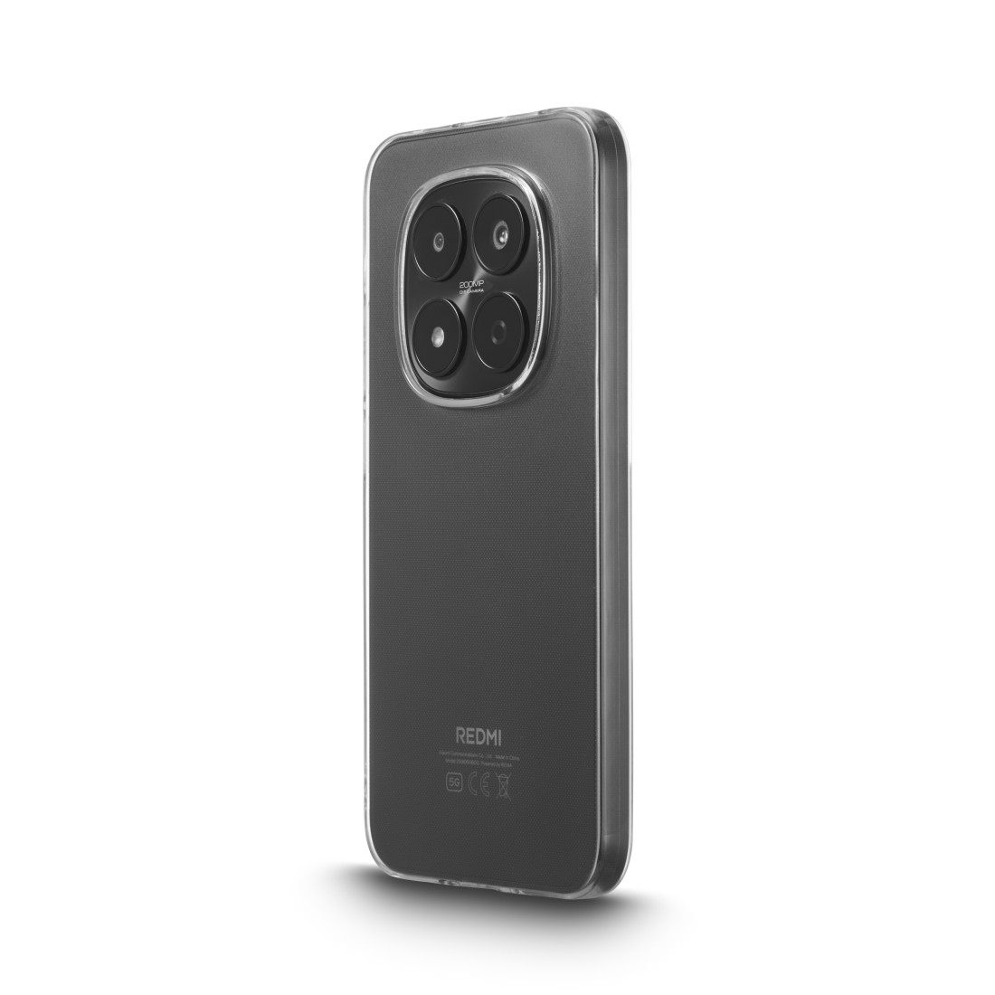 Rückseite eines Smartphones in durchsichtiger Hülle mit vier Kameras und Redmi-Logo.