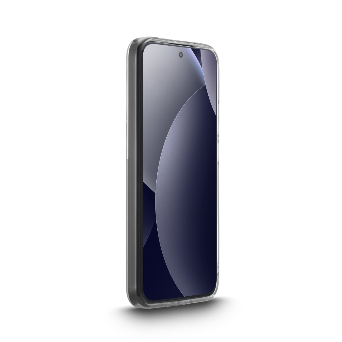 Ein durchsichtiges Smartphone-Case um ein dunkles Smartphone mit blauem Hintergrund.