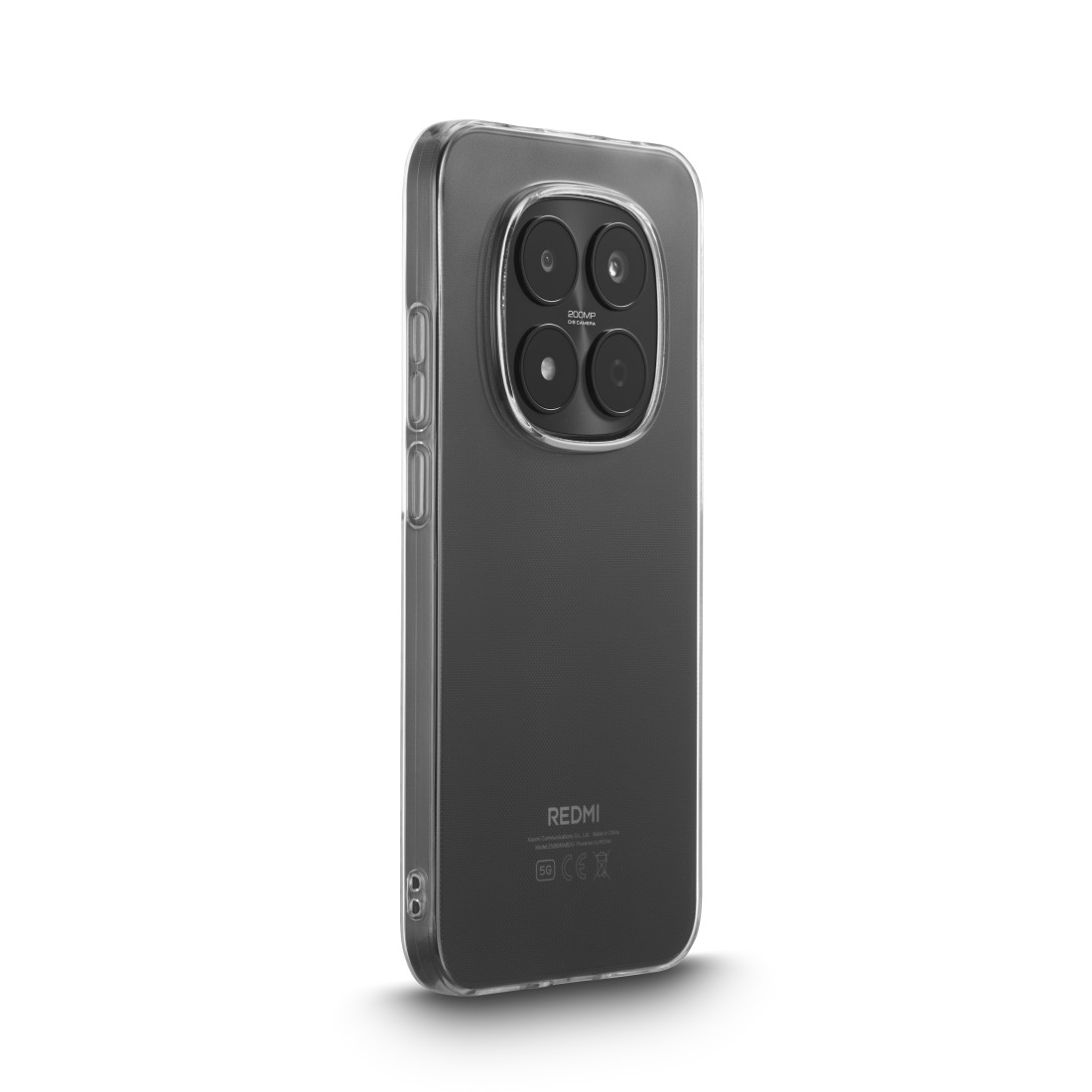Rückseite eines durchsichtigen Handys mit vier Kameras und dem "REDMI"-Logo.