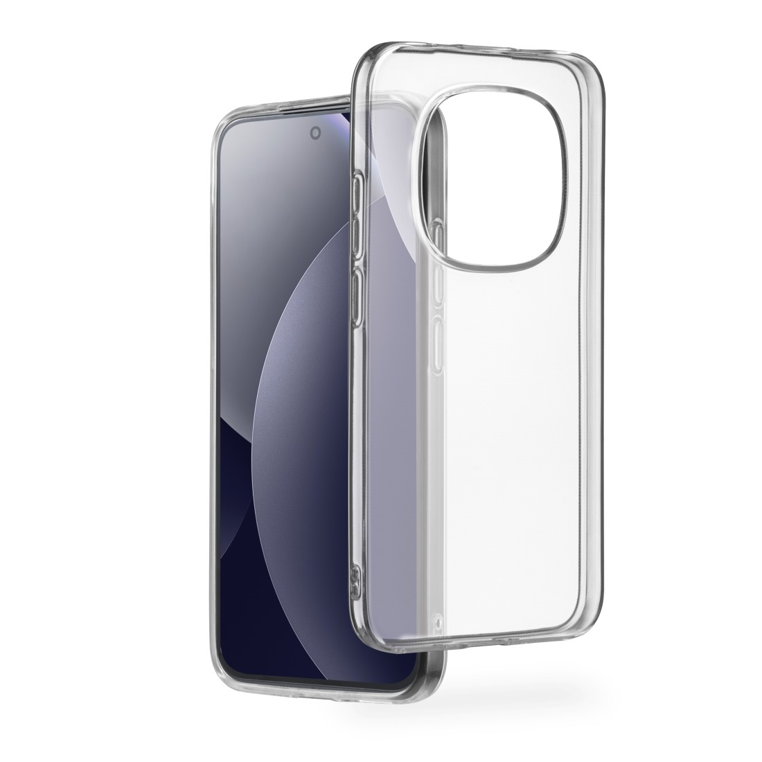 Ein durchsichtiger Handyhülle liegt neben einem Smartphone.