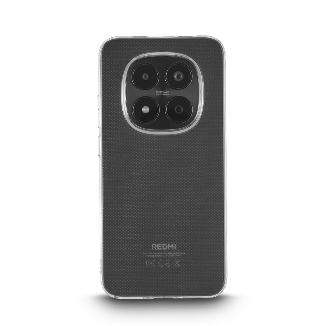 Rückseite eines transparenten Handyhülle mit vier Kameras. Markenname REDMI.