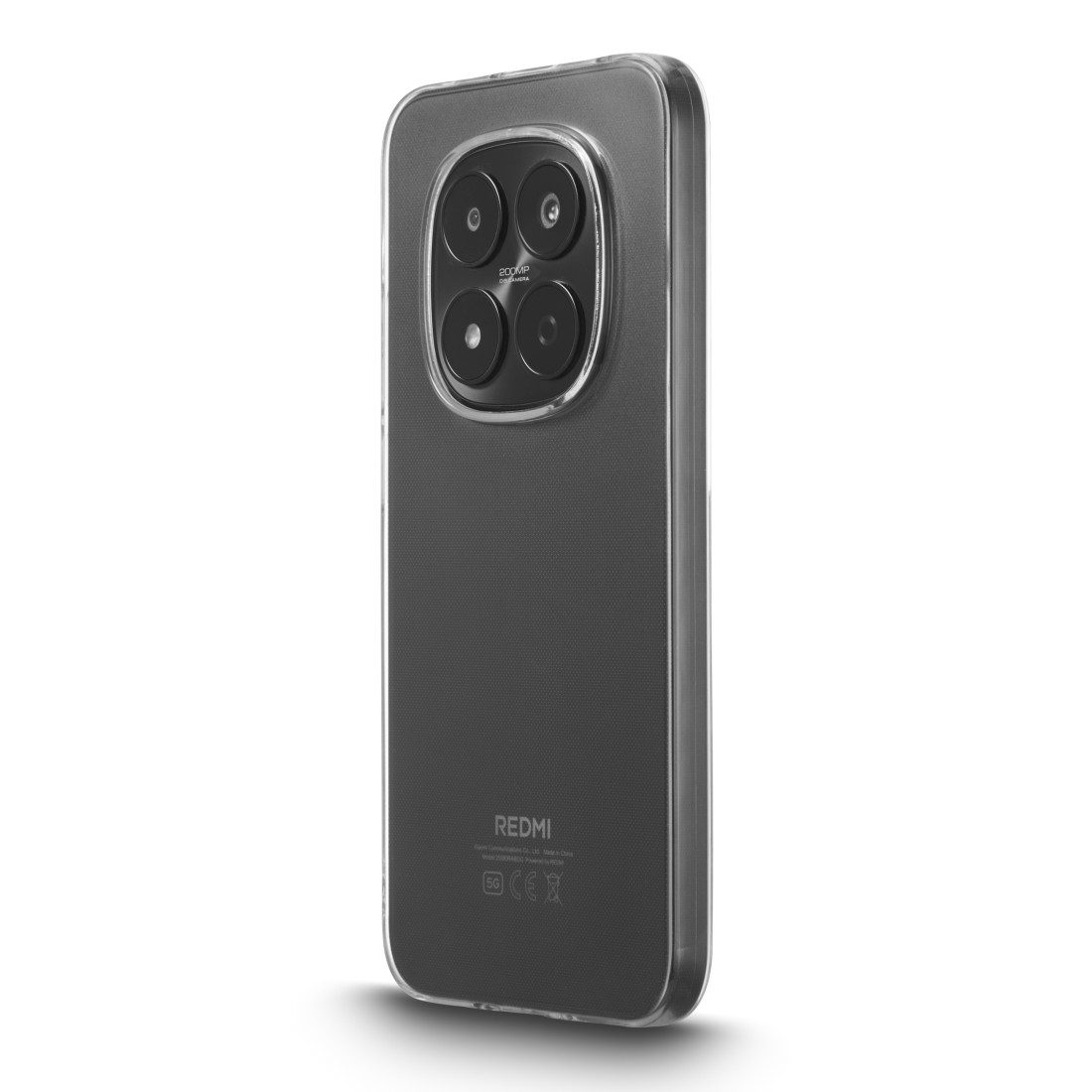 Rückseite eines transparenten Handys mit Kameramodul und "REDMI"-Logo.