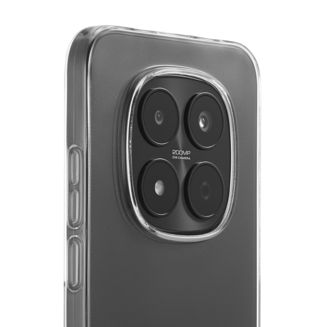 Rückseite eines Smartphones in einer klaren Hülle mit vier Kameras.
