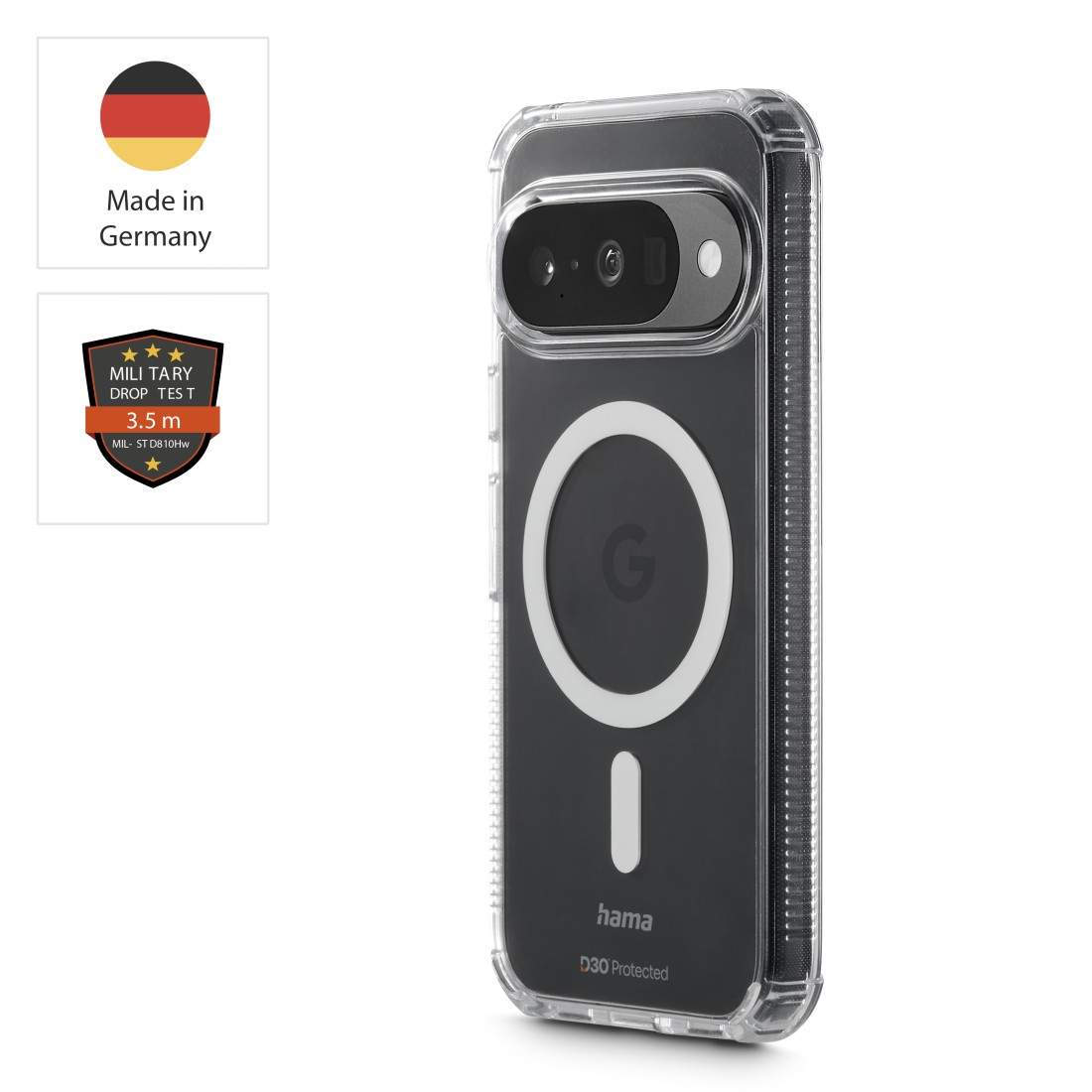 Transparente Handyhülle mit "G"-Logo, "Made in Germany"- und Falltest-Siegel.