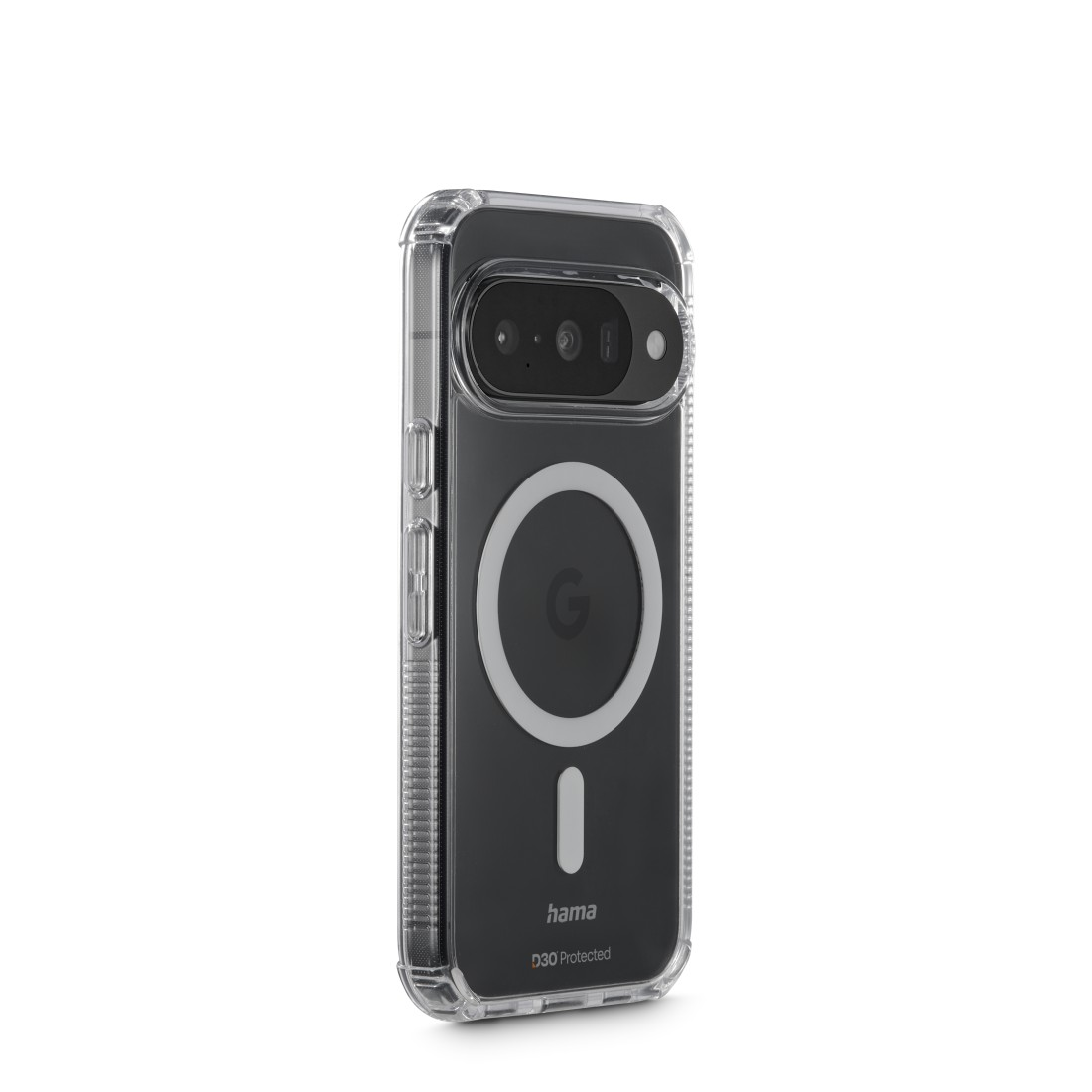 Transparente Schutzhülle für ein Smartphone mit Kameras und Magnetring.