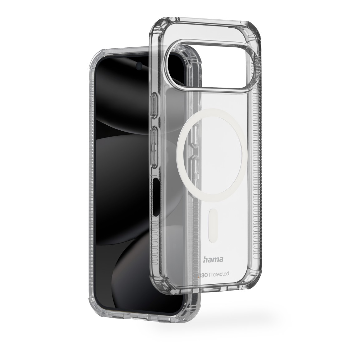 Transparente Hülle für ein Smartphone mit Magnetring, mit Hama-Logo.