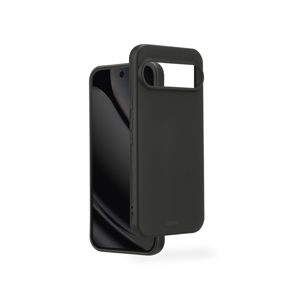 Schwarze Handyhülle mit Ausschnitt für die Kamera, die über ein Smartphone geschoben wird.