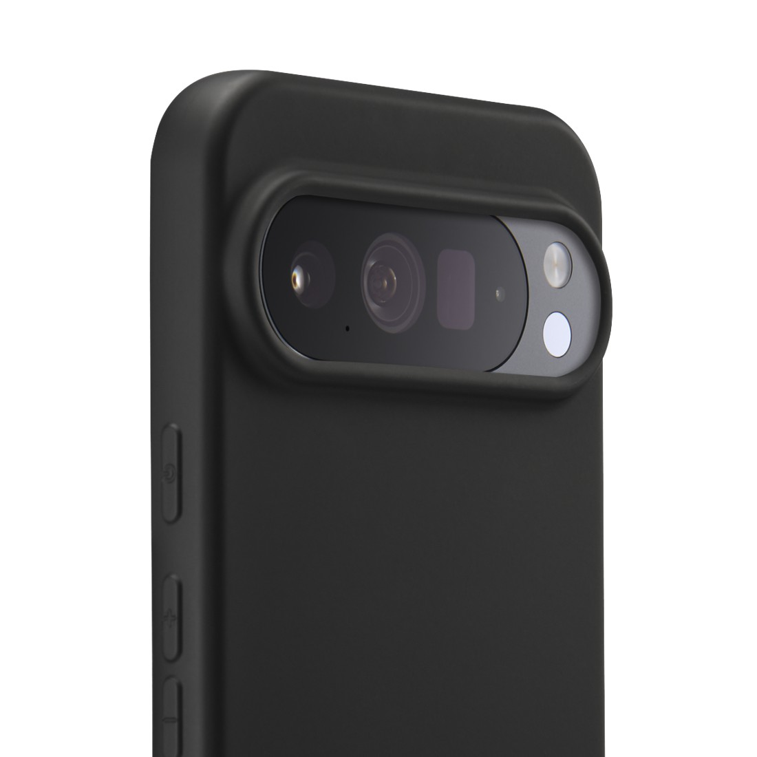 Schwarzes Handy mit dreifacher Rückkamera und Blitz, Nahaufnahme.